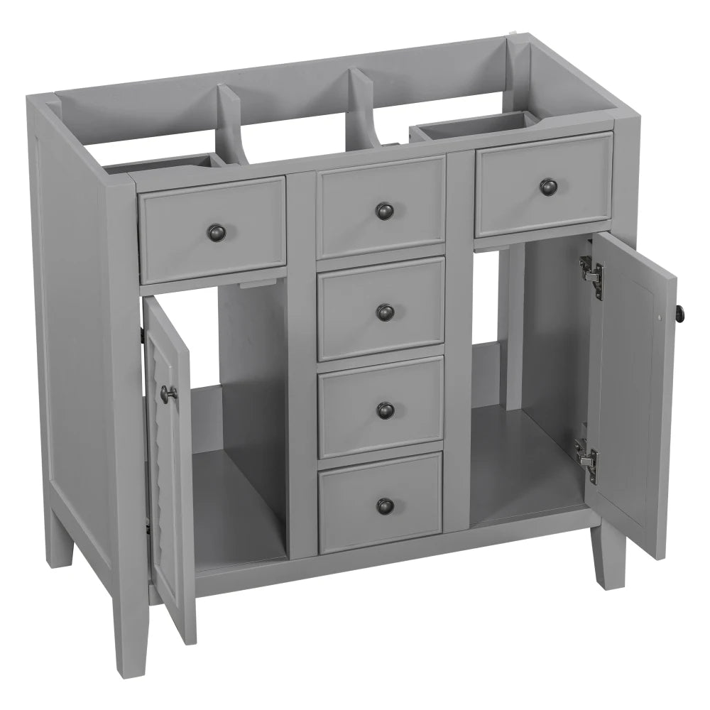 36" Bathroom Vanity with Ceramic Basin, Two Cabinets and Five Drawers, Solid Wood Frame, Grey