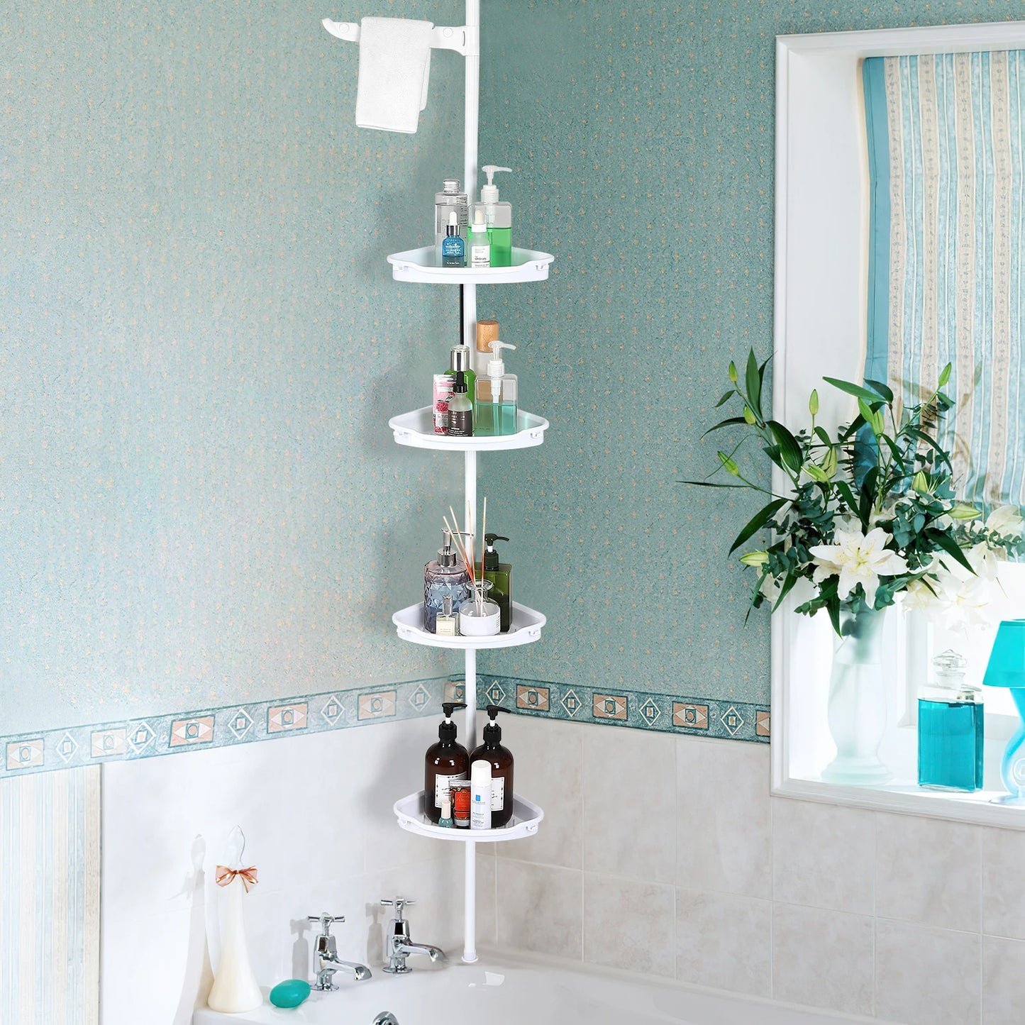 Corner Shower Caddy with Tension Pole/ Adjustable Shelves/ Storage Organizer with Rubber Pad,101.6 - 122 Inch H