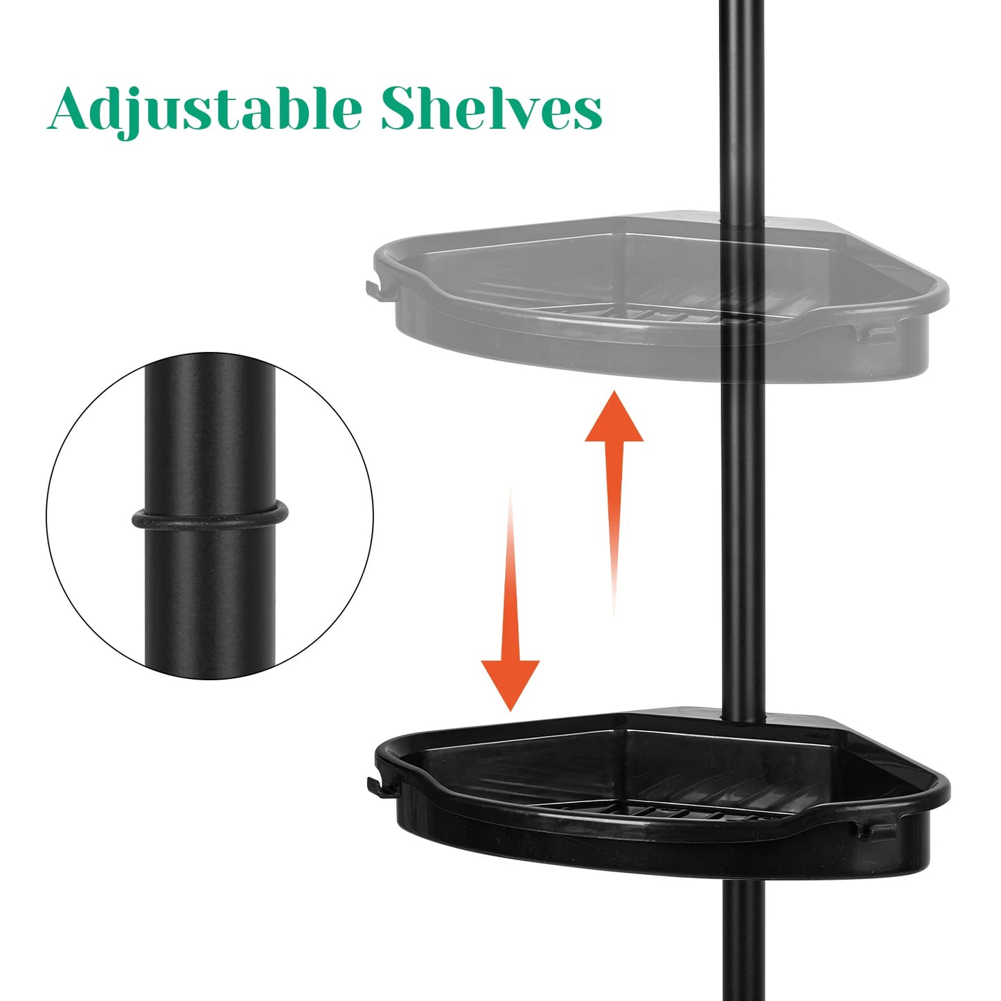 Corner Shower Caddy with Tension Pole/ Adjustable Shelves/ Storage Organizer with Rubber Pad,101.6 - 122 Inch H