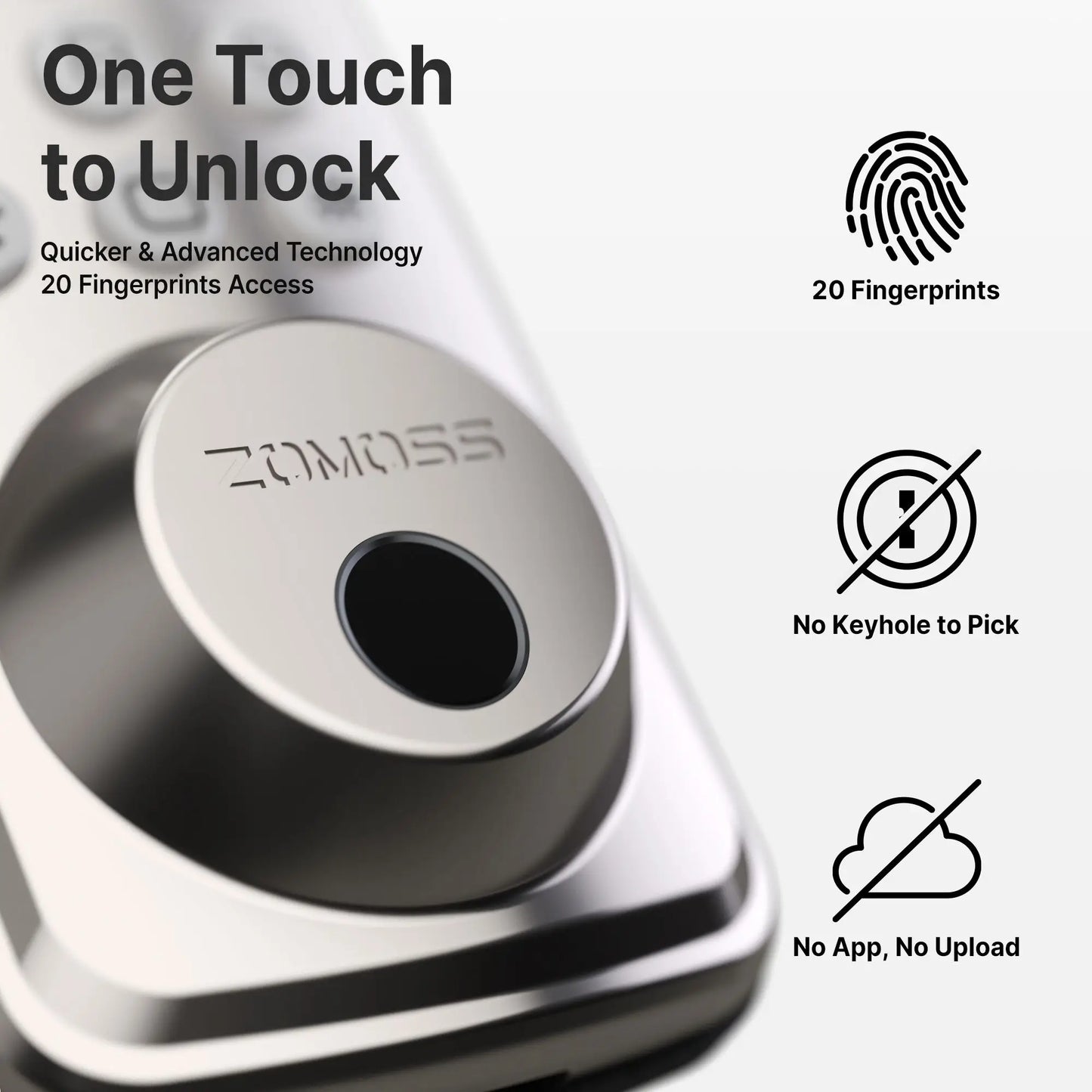 Fingerprint No Handle  Keyless Entry Door Lock Deadbolt/Two Back-up Keys/20 Touch Locking And 20 User Codes