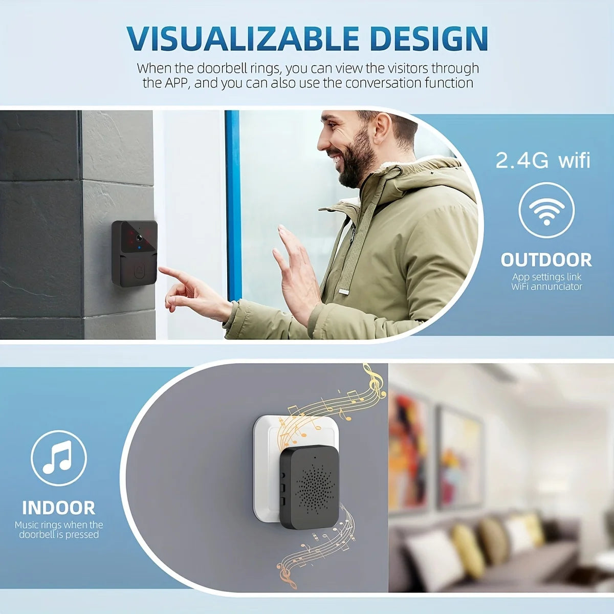 Secure Home Monitoring/ Wireless Smart Video Doorbell, 2.4G WiFi Home Security Camera, 2-way Audio, Night vision, Battery